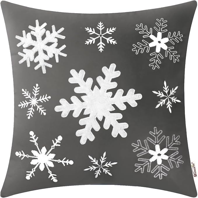 BRAWARM Christmas Pillow Cover 20 X 20 Inches, Gray Snowflake Embroidered Pillow Cover, Soft Velvet Decorative Throw Pillow for Couch Bed Sofa Living Room Home
