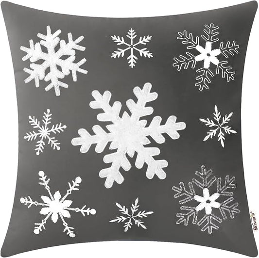 BRAWARM Christmas Pillow Cover 20 X 20 Inches, Gray Snowflake Embroidered Pillow Cover, Soft Velvet Decorative Throw Pillow for Couch Bed Sofa Living Room Home