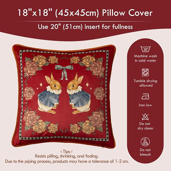 Vintage Christmas Pillow Cover 18x18, Floral Bunny | Designer High End Rabbit Pillow Cover, Red Velvet Throw Pillow Decorative for Couch Sofa Bedroom Home Holiday