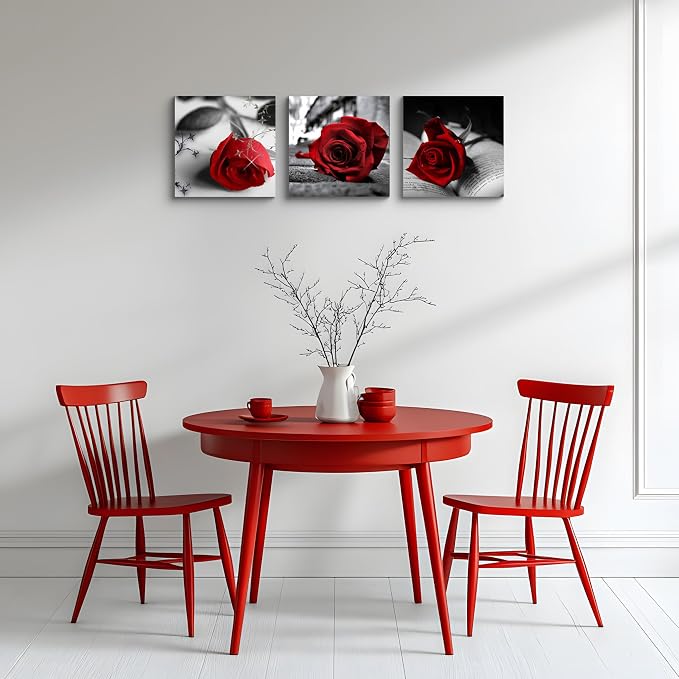 NAN Wind Canvas Print 3 Pcs Black and White Red Rose Canvas Art Painting Abstract Wall Art Decorations Flower Picture on Canvas for Home Decor Stretched and Framed (14X14inchX3pcs, A-Rose)