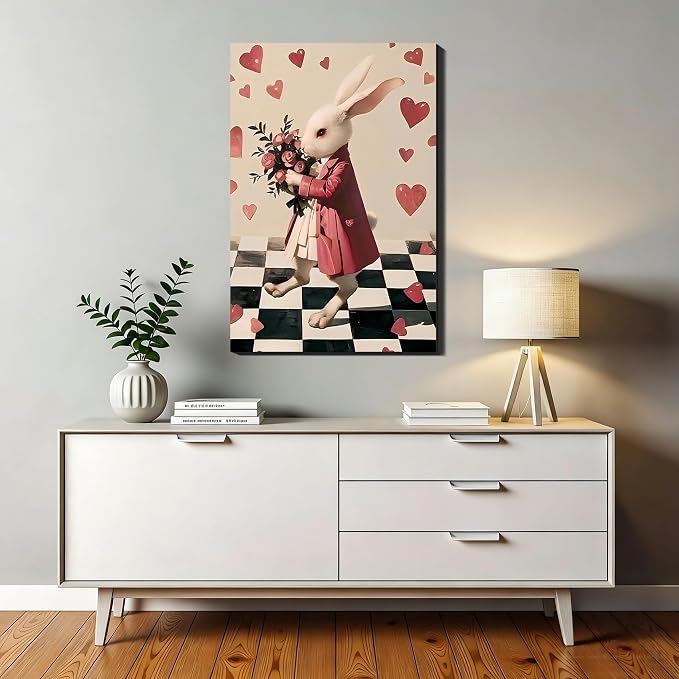 Large Whimsical Easter Bunny Canvas Art 24x36, Romantic Framed Rabbit Picture for Hallway, Bedroom, Light Spring Heart Pictures for Easter Dinning Room Home Wall Decoration