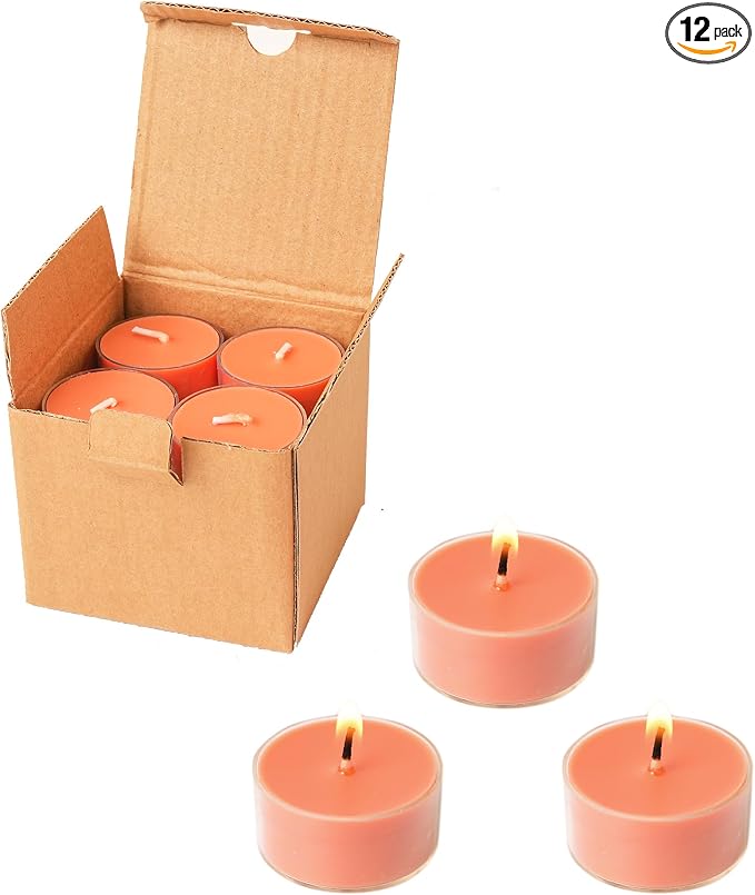 12 Orange Unscented Natural Soy Tealight Candles in Clear Cup