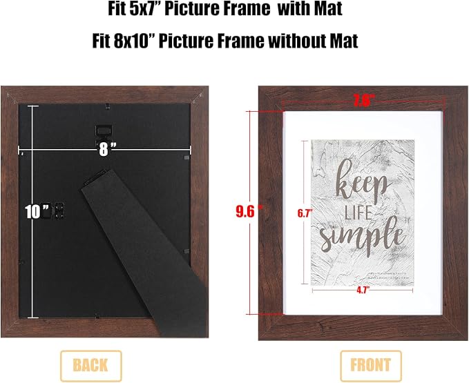 kennethan 2 Pcs Dark Brown Frame Set - 8x10 or 5x7 Picture with Mat or Without Mat on the Wall