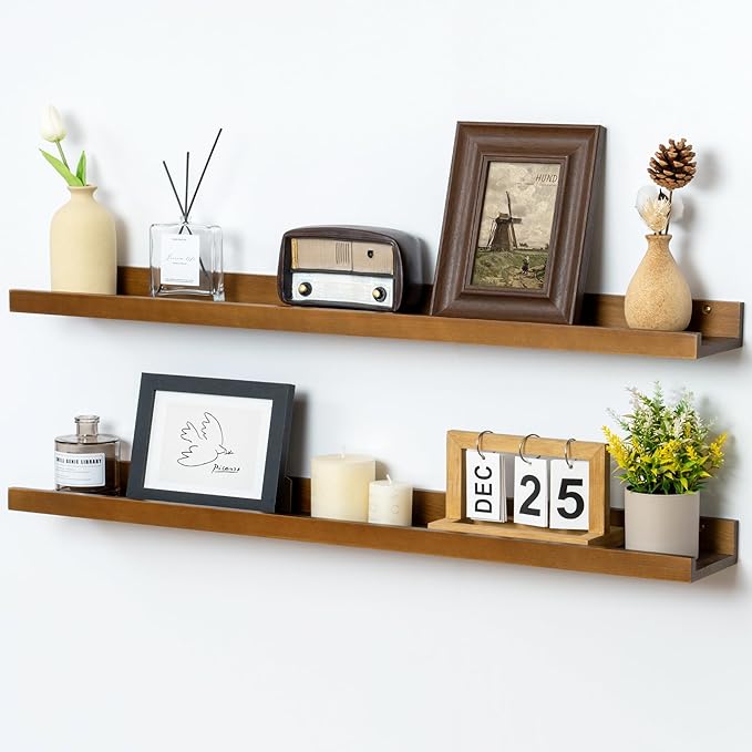 FLYJOE Picture Ledge Shelf for Wall, 36 inch Solid Ash Wood Nursery Book Shelves 2 Packs, Floating Shelves for Kids' Room Bedroom Bathroom Living Room Photo Frames Office Nursey Wall Decor, Walnut