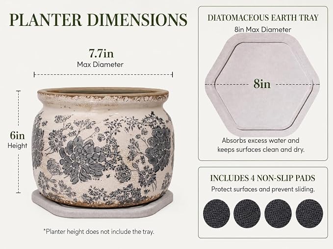 Rustic Ceramic Plant Pot with Decorative Saucer, Gifts for Plant Lovers | 7.7" Large Indoor Flower Pot, Handmade Vintage Crackled Glaze Planter, Farmhouse Country Home Decor, Gardening Gifts