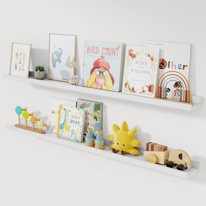 Acovy Solid Ash Wood Picture Ledge Shelf, 48 Inch, White, Set of 2