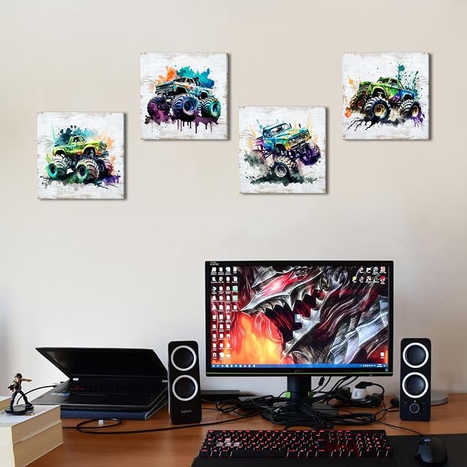 Rustic Monster Truck Wall Art Car Room Wall Decor for Boys Vintage Vehicle Posters Kids Bedroom Playroom Toddler Nursery Car Painting Canvas Prints Artwork Living Room Garage Home Decoration 12×12" 4P