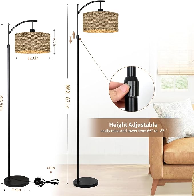 Arc Rattan Floor Lamp for Living Room with Remote,Black Floor Lamps with 3 Color Temperature Dimmable Bulb,Farmhouse Boho Standing Lamp with Wicker Shade,Adjustable Tall Lamp for Bedroom Office Corner