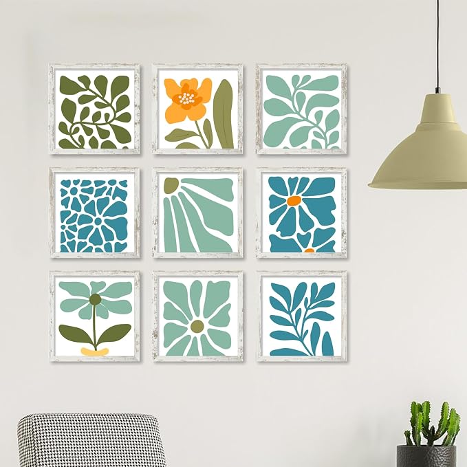YESKAY 12x12 Picture Frame Set of 9, Photo Gallery Wall Frame Set, Display Pictures 8x8 with Mat or 12 x 12 Without Mat, Square Frame Picture Frames Collage Wall Decor, Distressed White