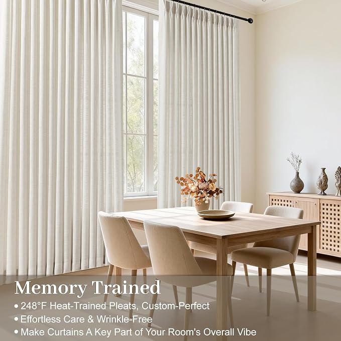 Extra Wide Pinch Pleated Curtains Linen Sheer Drapes Light Filtering | Living Room, Burlap Textured Semi Sheer, Pinch Pleat, Linen Blend, Hook Rings, Sliding Glass Door, Natural, 1 Panel, W70xL90