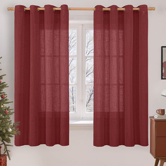 63 Inch Length Sheer Linen Curtains for Bedroom 2 Panels Set | Light Filtering, Christmas Decor Panels, Boho, Drapes for Living Room, Farmhouse, Bronze Grommet, 52 x 63 Inch, Burgundy Red
