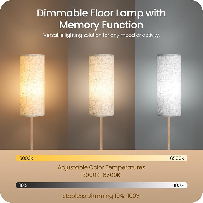 Wooden Textured Pole Lamp, Dimmable Floor Lamps for Living Room with Remote and Foot Switch, 64.4” Standing Tall Lamp, Corner Floor Light for Bedroom, Bulb Included, 3000K-6500K, FCC Listed XE06LD05W1