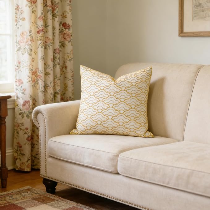 Slow Cow Embroidery Decorative Throw Pillow Cover for Couch Sofa Geometric Accent Pillow Cover Cushion Cover 18 x 18 Inches Yellow