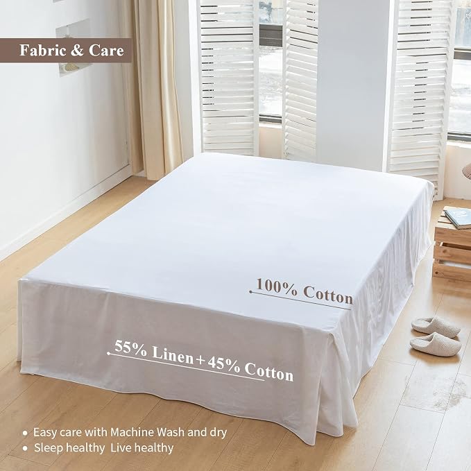 BISELINA French Linen Bed Skirt with Pleated Corner 18-Inch Tailored Drop Natural Flax Cotton Blend Basic Dust Ruffle Soft Cozy Farmhouse Bedding (18" King, Basic White)