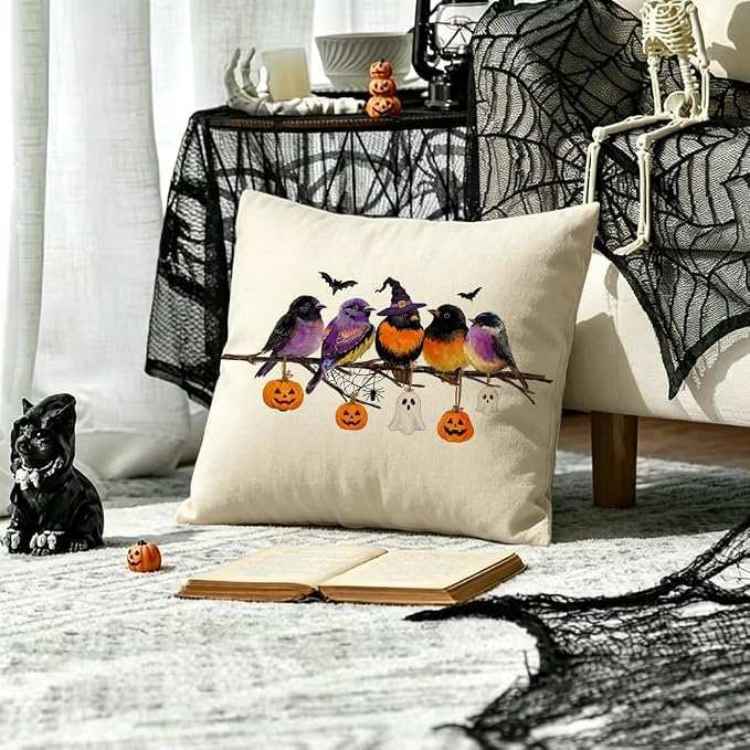 RABUSOFA Halloween Pillow Covers 20x20 Inch Halloween Decorations Outdoor | Watercolor Birds,Waterproof,Spooky Ghost Pumpkin Bat Halloween Decor,Supplies Accessories for Home Couch Party Patio