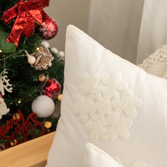 18x18,Cotton Christmas Blessing Throw Pillow Cover for Bed Sofa Cushion Car Snowflake Embroideried Pillowcases,1pair White