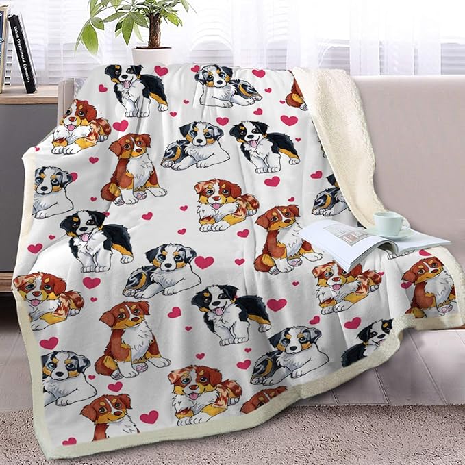 BlessLiving Throw Blanket, Red Dog Animal Australian, Twin | soft microfiber feel, Hearts Cat Plush Puppy 3D Gift print, for kids rooms, pet lovers, easy machine care
