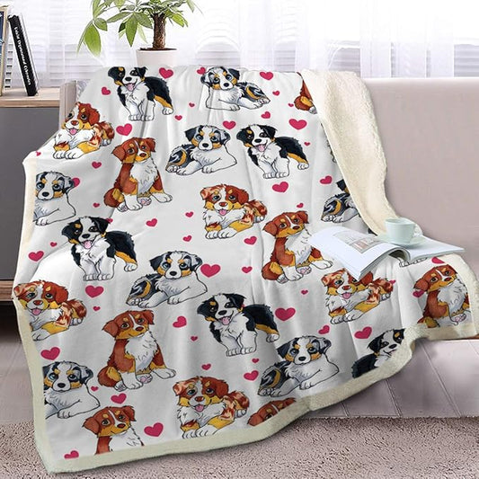 BlessLiving Throw Blanket, Red Dog Animal Australian, Twin | soft microfiber feel, Hearts Cat Plush Puppy 3D Gift print, for kids rooms, pet lovers, easy machine care