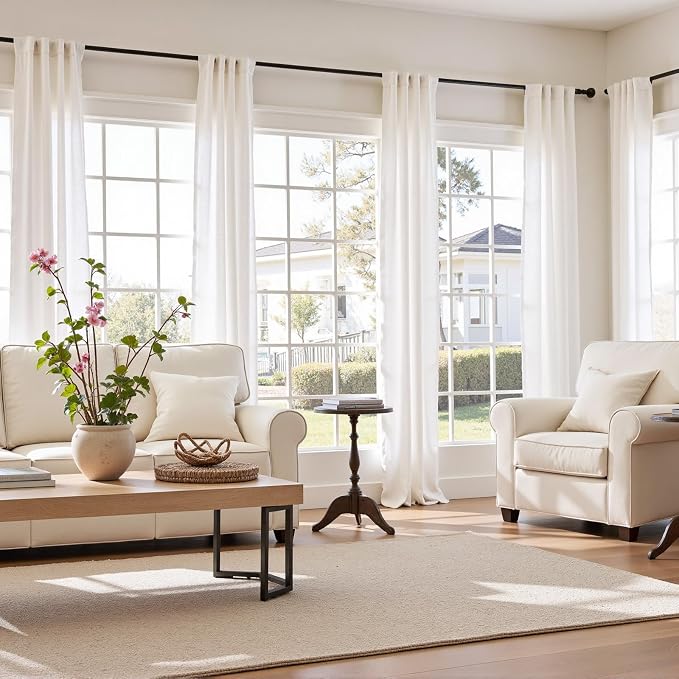 jinchan Linen Curtains Light Filtering Back Tab 38x84 Inch 2 Panels White | Semi Sheer Curtains 84 inch length for Bedroom Living Room, Modern Farmhouse Drapes with Rod Pocket, Natural Boho Curtains