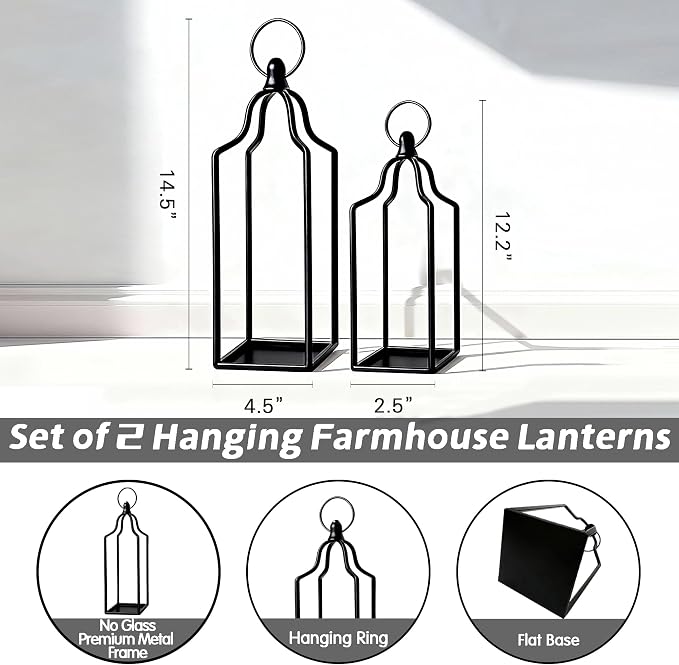 Rustic Farmhouse Decor Metal Lantern Set of 2 Decorative Lanterns for Home Indoor Outdoor Living Room, Fireplace, Patio, Wedding & Kitchen Table Centerpieces (Black, 14.5" 12.2")