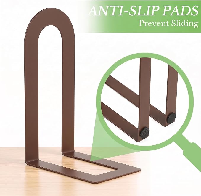 Sanwarm Bookends, 6 Pcs, Metal, for Home Office Desk Shelves Modern Brown | Decorative Book Ends Non-Skid Book Stoppers Holder 3 Pair Gifts for Reading Enthusiasts Library Decor