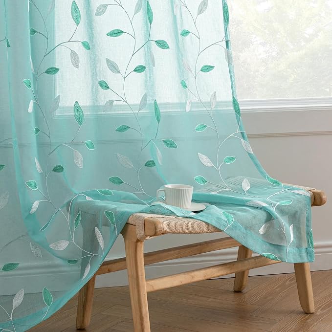 MIULEE Turquoise Sheer Curtains 2 Panels Leaf Patterned, W52 x L63 | Embroidered Floral Semi Sheer,Rod Pocket,Faux Linen,Short Window Curtains Drapes Set for Kitchen/Bathroom/Cafe