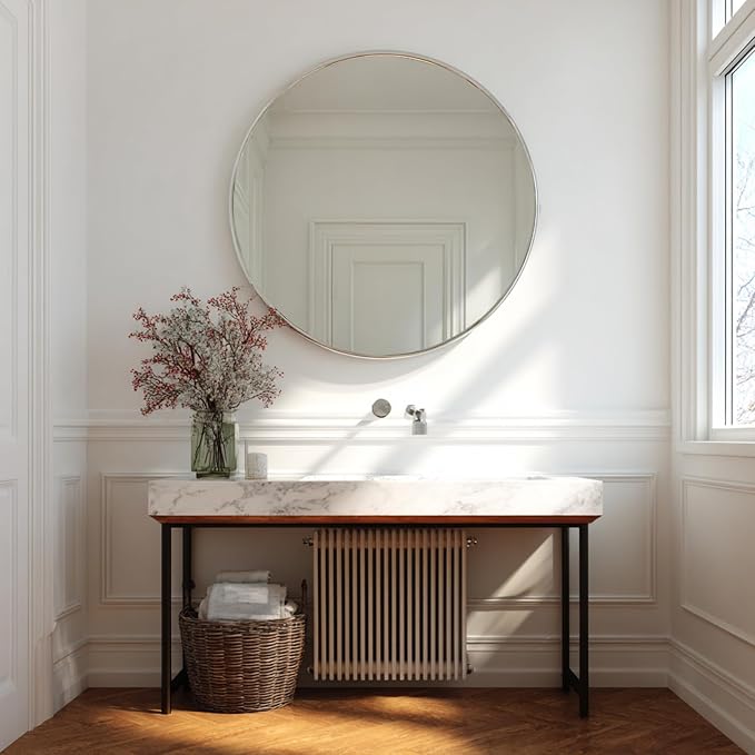 Large Circle Mirror 38 inch, Nickel Circle Mirror with Metal Frame | Brushed Nickel Metal Frame, High Definition, Waterproof, Easy Installation, Suitable for Dressing Room, Cloakroom, Bedroom,