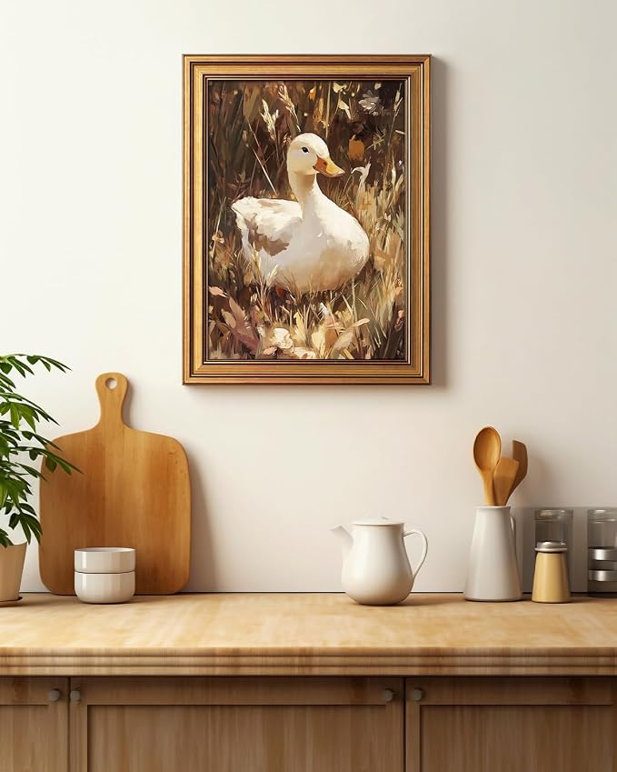 WHASAYART Gold Framed Vintage Wall Art for Living Room, Animals Painting Prints Easter Shelf Decor for Kitchen, Ducks in Grass Aesthetic Bedroom Wall Art, Gifts for Friends or Family - Duck 16L x 12W