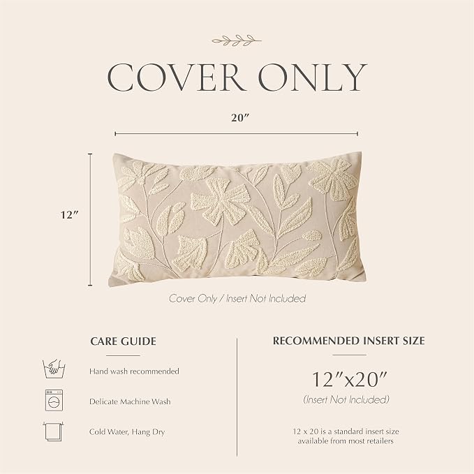 BlissBlush Decorative Lumbar Pillow Cover 12x20, Beige Neutral Accent Velvet Throw Pillowcase for Couch Sofa Living Room, Floral Tufted Rectangular Cushion, Cover Only