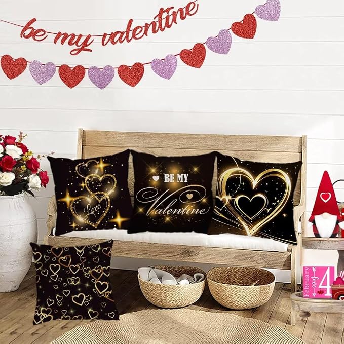 YeeJu Happy Valentines Day Pillow Covers 18x18 Set of 4 Red Love Heart Gnome Pillow Cases Velvet Wedding Anniversary Love You Cushion Covers for Outdoor Couch Sofa Decoration(18 Inch)