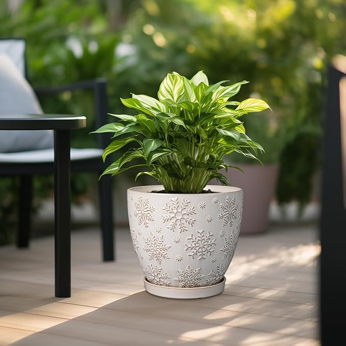 MPotTo Ceramic Planter, 10 Inch Plant Pot, Snowflakes White