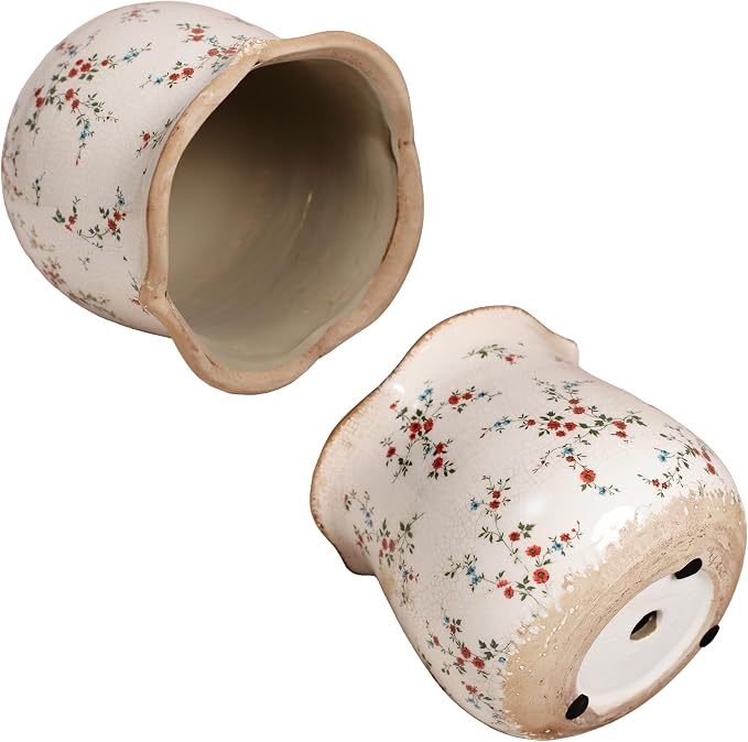 Ceramic Pots for Plants, Vintage Rustic Plant Pot with Drainage Hole | 6.11 Inch Planter for Indoor Plants, French Country Crackle Glaze Flower Pot, Grandma Core Home Decor, Small Red Blooms