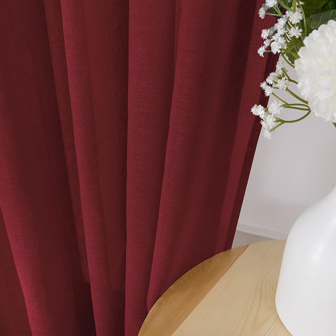 Tollpiz Sheer Curtain Linen Textured Living Room Curtains Sheer Light Filtering Rod Pocket Voile Curtain for Bedroom, 54 x 72 inches Long, Burgundy Red, Set of 2 Panels