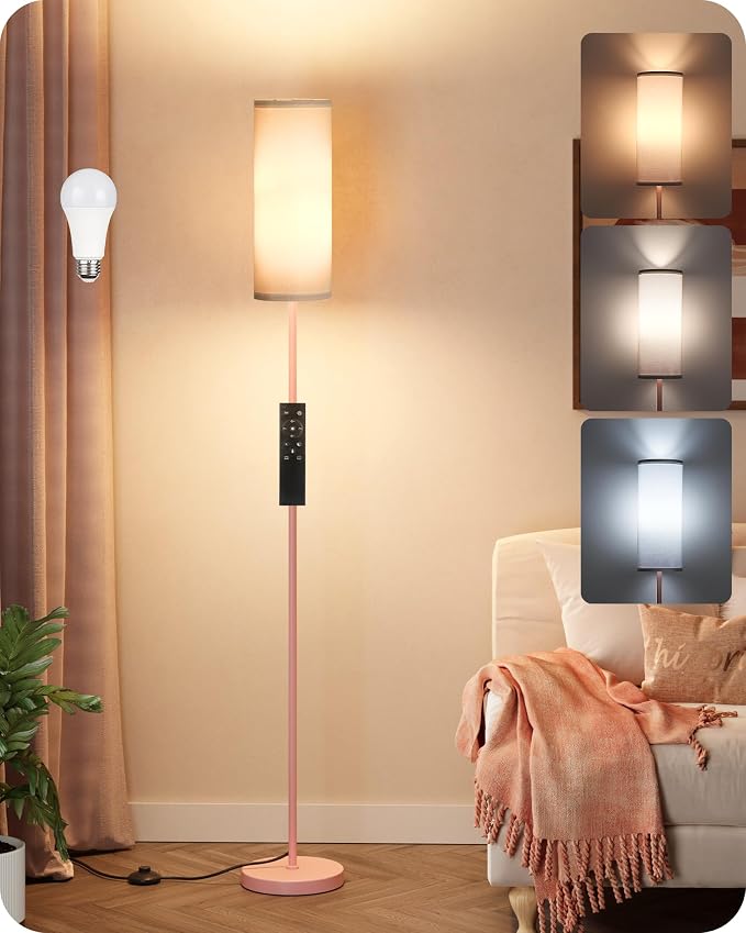 Slim Floor Lamp for Living Room with Magnetic Remote and Foot Switch, Dimmable Mood Lamp for Bedroom Nursery, 3 Color Temperatures, 1-Hour Timer, 900LM LED Bulb & Batteries Included, Pink PCW06LD05W1