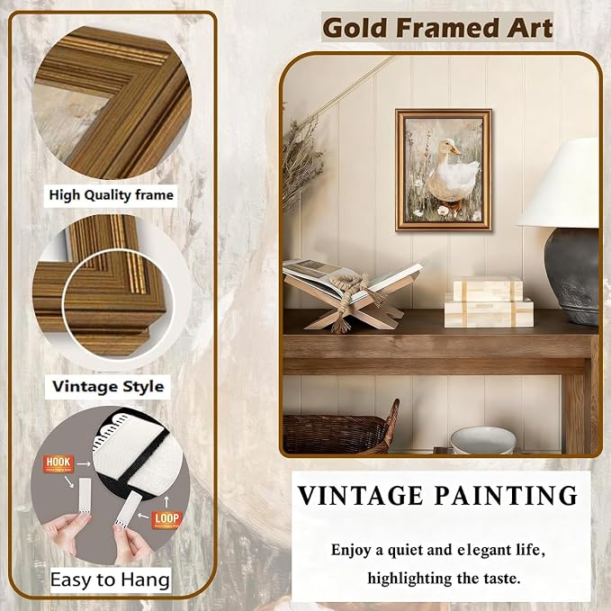 Vintage Gold Framed Wall Art Muted Duck in Spring Wall Decor Picture Cute Farmhouse Animal Poster Rustic Country Nature Cottagecore Print for Gallery Living Room Bedroom Home Decoration 9x11in
