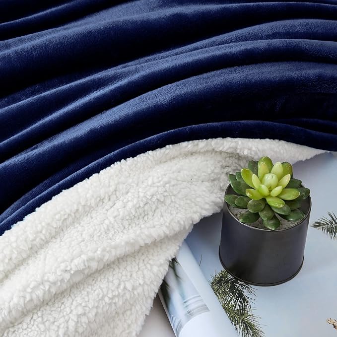 Walensee Sherpa Fleece Blanket (Queen Size 90”x90” Navy) Plush Throw Fuzzy Super Soft Reversible Microfiber Flannel Blankets for Couch, Bed, Sofa Ultra Luxurious Warm and Cozy for All Seasons