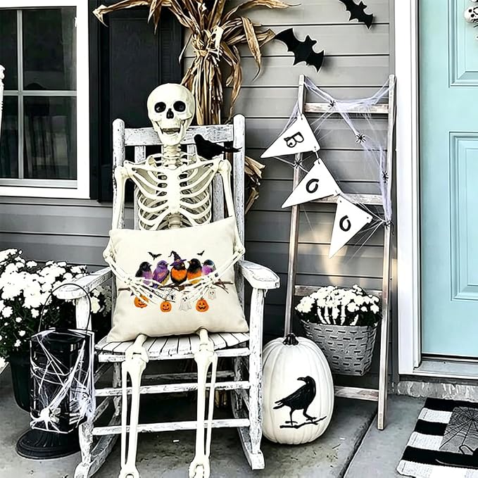 RABUSOFA Halloween Pillow Covers 20x20 Inch Halloween Decorations Outdoor | Watercolor Birds,Waterproof,Spooky Ghost Pumpkin Bat Halloween Decor,Supplies Accessories for Home Couch Party Patio