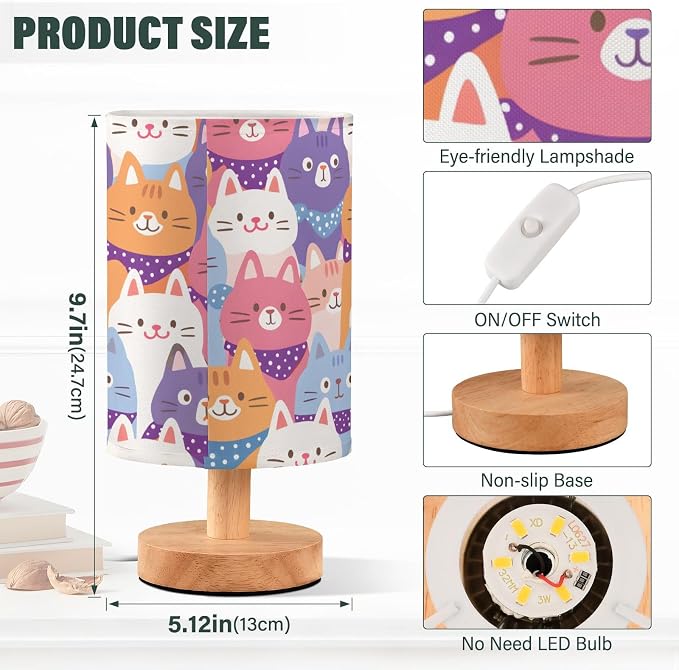 Bedside Lamp Cartoon Cat Table Lamp for Bedroom LED Nightstand Lamp Shade USB Ports Wood Base for Living Room Dorm Office