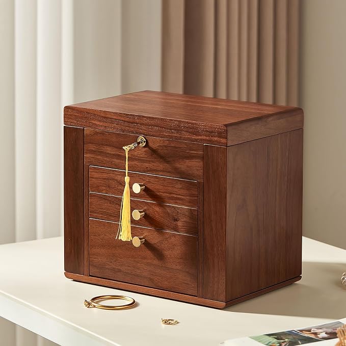 Black Walnut Wooden Jewelry Box for Women, 4 Layer | With Mirror, Lockable Top Lid & Side Doors, Velvet-Lined, Large Wood Jewelry Organizer For Watch Necklace Ring Earring, Gift