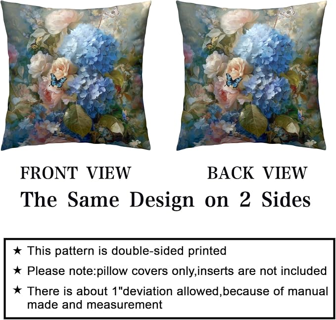Vintage Rose Hydrangea Pillow Covers Oil Painting Floral Throw Pillow Covers Spring Summer Pillow Case 16x16 Blue Pink Flowers Cushion Case for Living Room Couch Sofa Set of 2