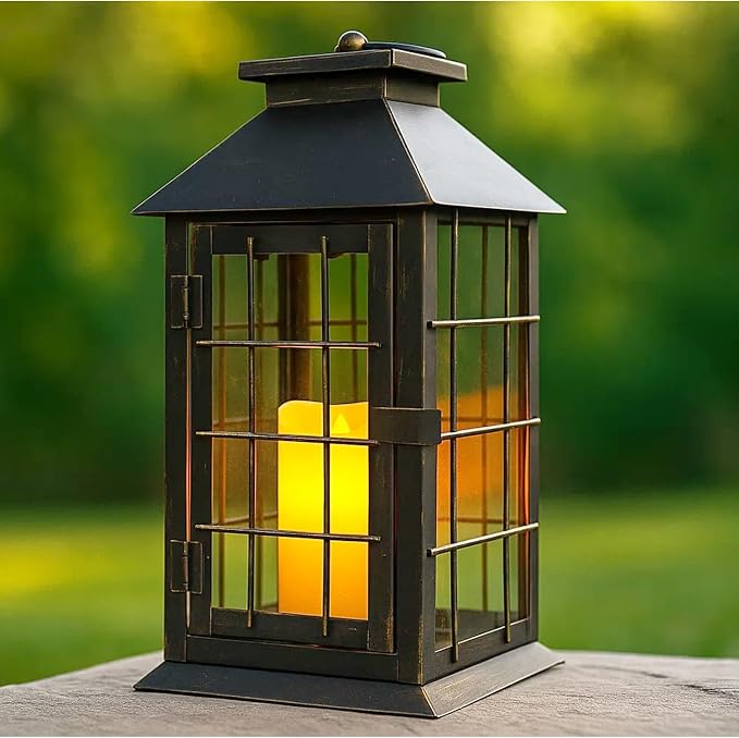 Seraphic 11" Rustic Decorative Candle Lantern – Vintage Metal & Glass Holder for Pillar Candles – Farmhouse Tabletop & Hanging Lantern for Indoor or Patio Decor, Bronze Brushed