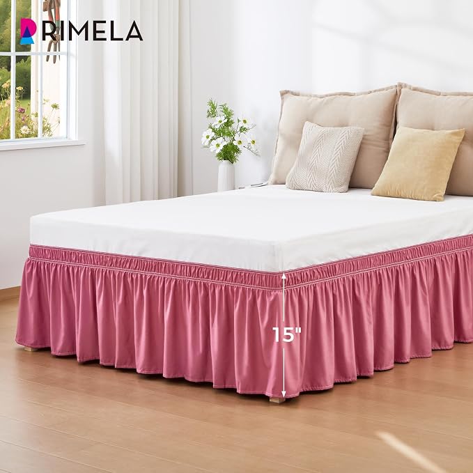 Dusty Red Bed Skirt King Size 15" Drop, Elastic Wrap Around Bedskirt | Solid Ruffled, Easy to Use, No Mattress Lifting, Wrinkle & Fade Resistant, with Adhesive Strips, Machine Wash/Dry/Iron