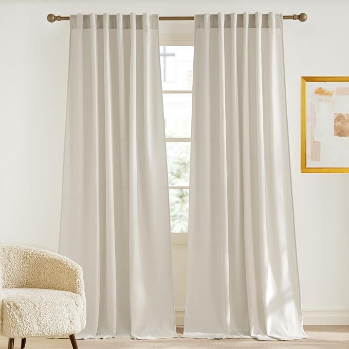 NICETOWN Linen Blend Bone White Curtains 96 inches Long, Rod Pocket & Back Tab Light Filtering Semi Sheer Window Treatments Privacy Added Drapes for Bedroom, W55 x L96, 2 Panels