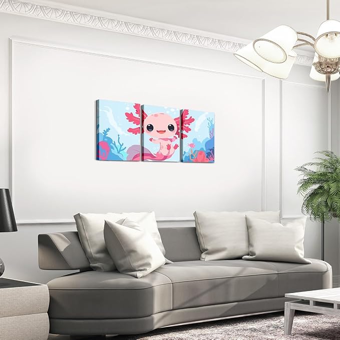 Feelyou Boys Girls Cute Axolotl Picture Wall Decor Ocean Sealife Canvas Wall Art for Bedroom Kids Cartoon Salamander Wall Painting Posters and Prints Kawaii Teens Wall Art Room Decor 12"x16"x 3Pcs
