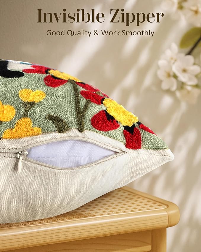 Embroidered Lumbar Pillow Cover - 20x12 Decorative Pillow Cover with Zipper Aesthetic Cute Design Boho Spring Summer Throw Pillowcase for Living Room Couch Sofa Bed, Flower Cats