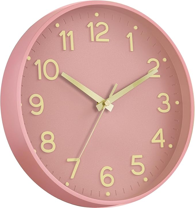Roymnie 12 Inch Wall Clock Battery Operated Silent Non Ticking Analog | Pink Gold modern analog; large 3D easy-read dial for kitchen, office, bathroom & bedroom; 1 AA battery (not included)