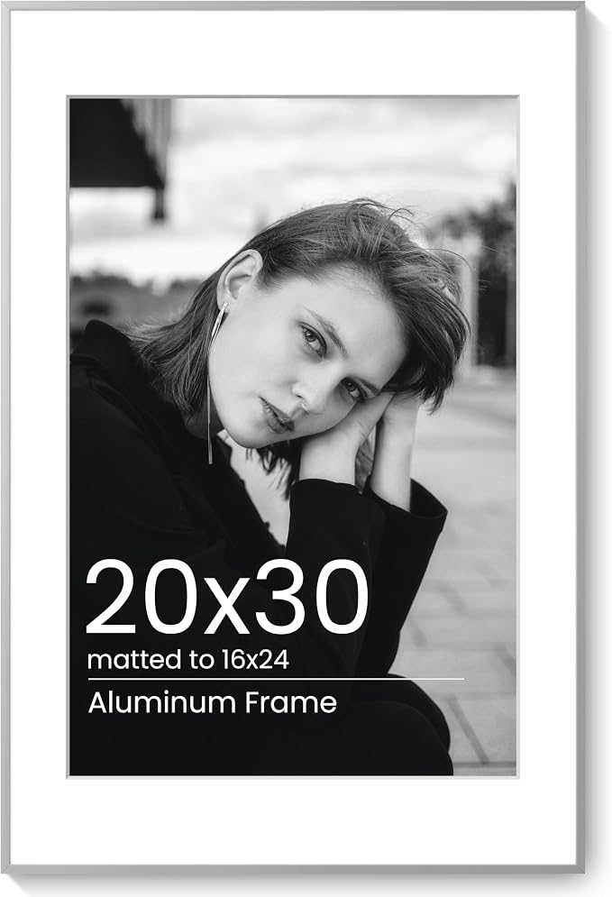20x30 Poster Frame Silver, Aluminum Metal 20 x 30 Frame with Removable Mat, 20 by 30 Silver Picture Frame Matted to 16x24 Photo, Real Tempered Glass for Home and Office Gallery Wall, 1 Pack