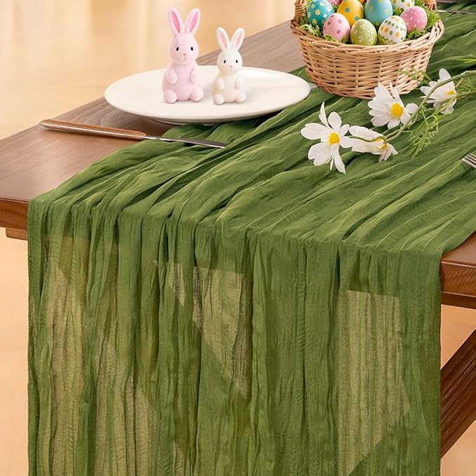 Cheesecloth Table Runner Fall Boho Wedding Birthday Party Home Decor | Moss Green Rustic Gauze 10FT 120in Cheese Cloth Sheer Farmhouse Dining Runner for Baby Shower Bridal Holiday Decorations