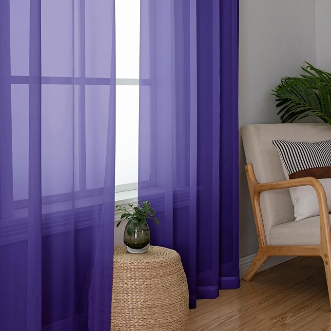 Simplebrand Purple Sheer Curtains 84 Inches Long, Light Filtering Rod Pocket Solid Color Window Sheer Curtain Panels, Elegant Curtains & Drapes for Living Room, Bedroom 2 Panels (Purple, 42" W)