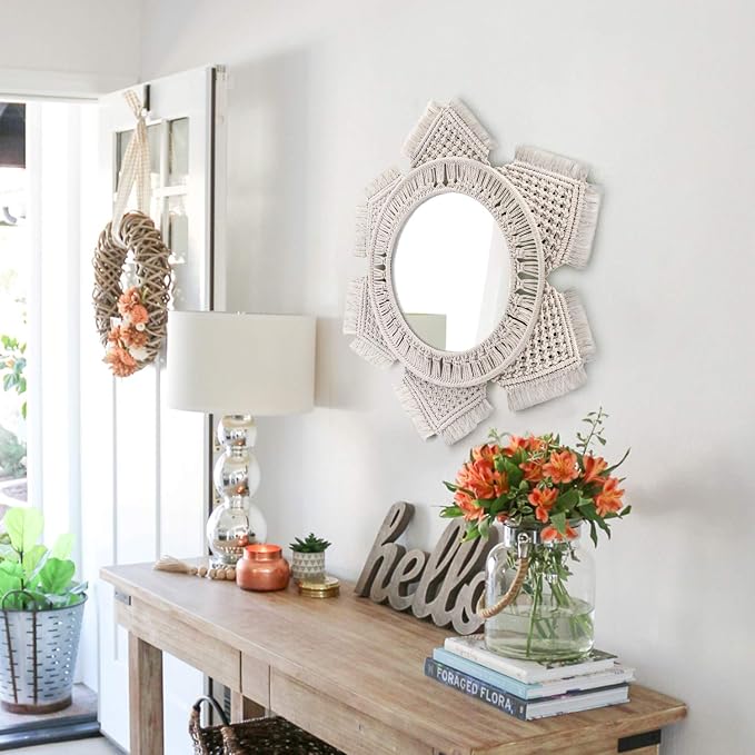 Flexzion Macrame Wall Hanging Mirror, 20 Inch Round Decorative Mirror | Boho Sunburst Wall Decor with Hand-Woven Cotton-Rope Fringe and a 9-Inch Glass Mirror; 20-Inch Overall Diameter